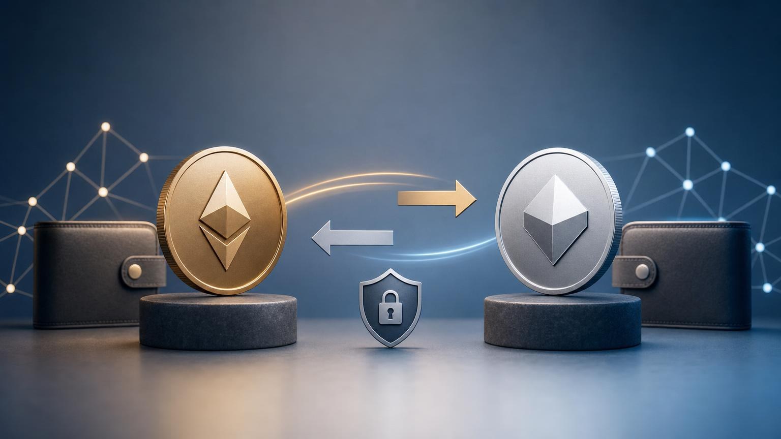 A secure cryptocurrency exchange workflow showing network, wallet address, fee, confirmation, and transaction-status checks