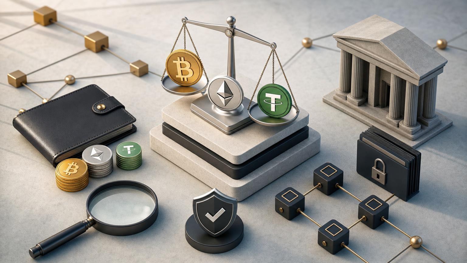 A beginner checks a crypto exchange domain, network, wallet address, fees, and transaction status before sending BTC, ETH, or USDT